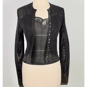Y2K John Galliano 90s cardigan top twinset sweater sz S black open knit lace
